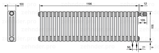 Схема (чертеж) Радиатор Zehnder Charleston 3050/26 №V002 Белый глянцевый RAL 9016